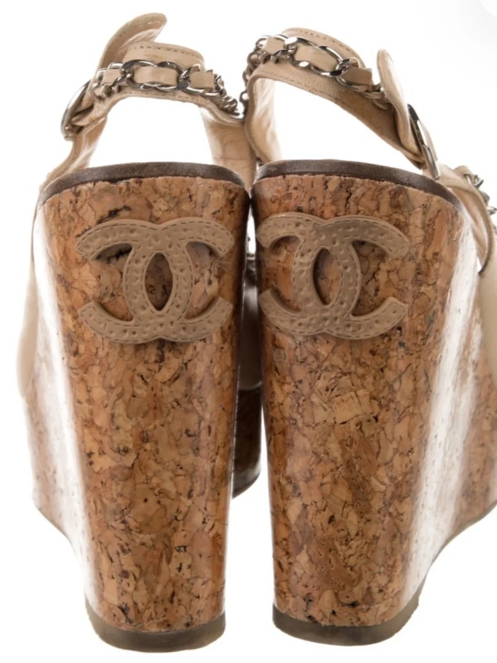 CHANEL Beige Leather Cork Wedge Slingback with Chain